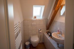 a small bathroom with a toilet and a sink at FEWO Maisonettenwohnung in Steinkirchen