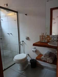 a bathroom with a toilet and a shower and a sink at Chalé da Estação in Carrancas +28 photos
