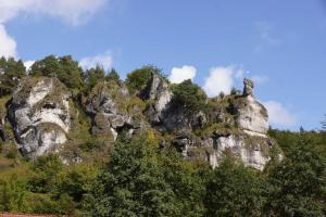 a rocky mountain with trees in front of it at FEWO Geisbergblick in Zeegendorf