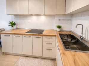 a kitchen with white cabinets and a sink at Friends Home in Tirana