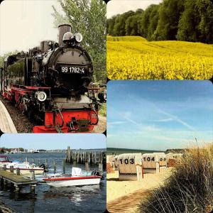 a collage of pictures with a train and a boat at Appartements Villa Drachenberg in Sassnitz