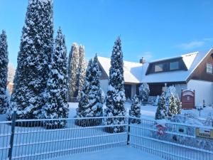 a house with snow covered trees and a fence at Thiessen - Ferienwohnung mit sonnigem Balkon in Silberstedt +20 photos