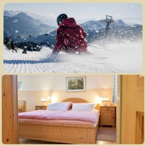 a person riding a snowboard in a bedroom at Ferienwohnung Dehnert in Fischbachau