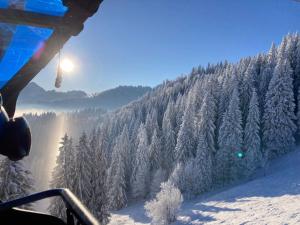 a view of a snow covered forest from a ski lift at Ferienwohnung Dehnert in Fischbachau