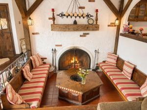 a living room with two couches and a fireplace at Smugglers Trove a Mountain Adventure Getaway in Cambridge