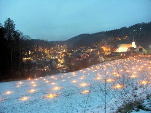 a snowy field with lights in a town at night at Café Pension Leistner in Obertrubach