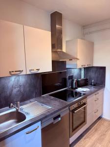 a kitchen with stainless steel appliances and a sink at T3 spacieux - Centre et Technhom in Belfort