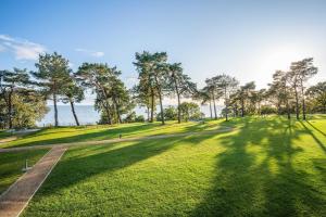 a park with trees and a bench in the grass at Appartement "Opal" mit Penthouseflair - Oase am Haff in Garz