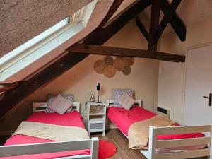 two twin beds in a room with a attic at Le relai de la tannerie in Lanvallay