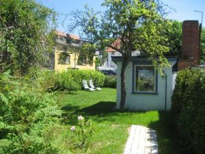 a yard with a house and a tree at Pension Waldrose in Ostseebad Sellin