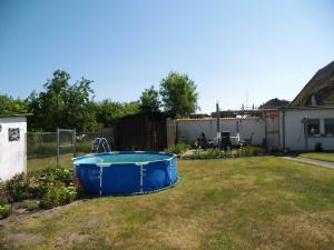 a blue tub sitting in the grass in a yard at Reethaus Natalie in Korswandt