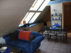 a living room with a blue couch and a window at 4_Zimmer_Ferienwohnung in Wathlingen