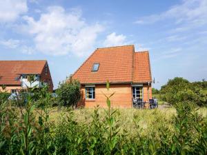 a house with an orange roof in a field at Ferienhaus Rieke in Friedrichskoog-Spitze
