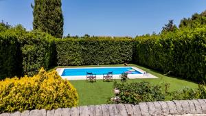 a swimming pool in a garden with a hedge at Villa Balata di Modica con piscina privata in Ragusa