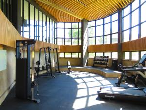 a gym with cardio equipment in a large room with windows at Araucarias Apartamentos in Moreno