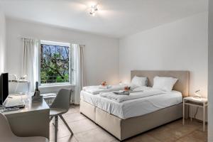 a bedroom with a bed and a desk and a computer at Residenza La Serenata in Cavigliano