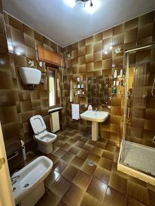 a bathroom with a toilet and a sink and a shower at Villa Chiara in Piscopio +10 photos