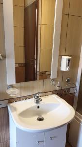 a bathroom with a white sink and a mirror at Pensiunea Iris in Săcele