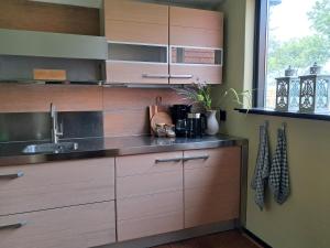 a kitchen with wooden cabinets and a sink at B&B De Zeeaster in Kimswerd