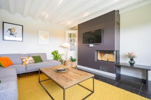 a living room with a couch and a fireplace at Villa Winbomont in Malmedy