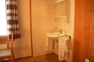 a small bathroom with a sink and a mirror at Sonnmatt Bergpension & Gesundheitszentrum in Ebnat