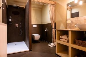 ein Badezimmer mit Dusche, Toilette und Waschbecken in der Unterkunft B&B Sapere in Genoelselderen