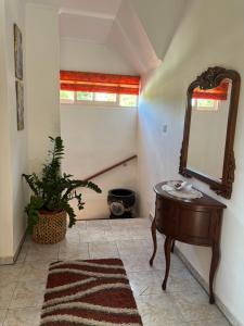 a bathroom with a mirror and a table and a plant at Touchdown Villa in Pointe Larue