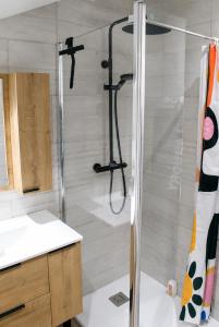 a shower with a glass door in a bathroom at Duplex cosy 4-6 pers - Terrasse - Grenoble - Vercors in Claix