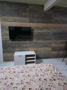 a bedroom with a tv and a bed with a rug at Hospedaria Vitoria in Vitória