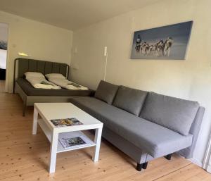 a living room with a couch and a table at Ferienwohnung Huskyhausen - Schlittenhunde Erlebnisse & Urlaub mitten in der Natur! in Klaffer am Hochficht +36 photos