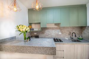 a kitchen with green cabinets and a vase of flowers at Alpacasa Arequipa in Arequipa