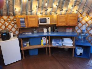 a kitchen with a blue counter with a microwave and a refrigerator at COTC - The Coulee Yurt - Suite in Castor
