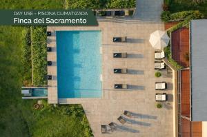 an overhead view of a building with a swimming pool at Casa Lahusen in Colonia del Sacramento