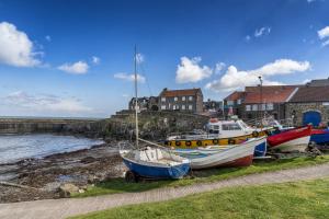 three boats sitting on the grass near the water at The Cottage Inn in Craster