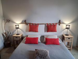 a bedroom with a large bed with red pillows at Chambres D'hôtes La Marouette in Hiers-Brouage