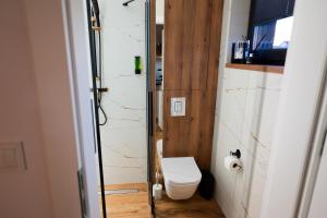 a small bathroom with a toilet in a room at DOMKI KASZUBY Cegła & Relaks in Stężyca +50 photos
