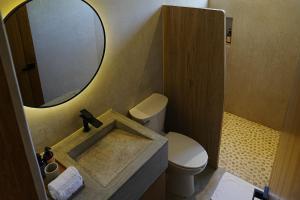 a bathroom with a sink and a toilet and a mirror at Proyecto Palmita in El Pescadero +75 photos