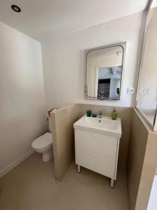 a bathroom with a sink and a toilet and a mirror at Maison Cerise in Arles