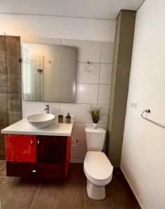 a bathroom with a toilet and a sink and a mirror at Apartamentos Chia in Chía +51 photos