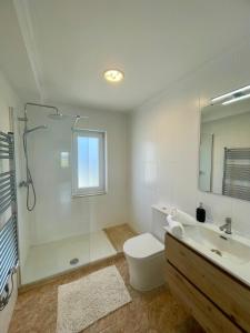 a bathroom with a shower and a toilet and a sink at Sol Dorado in Ferrero +23 photos