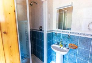 a blue tiled bathroom with a sink and a mirror at Tri Phailme in Waterville +38 photos