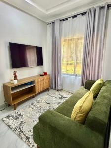 a living room with a green couch and a flat screen tv at Black-Oak Apartments in Lusaka