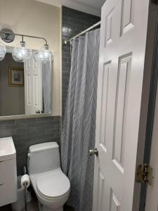 a bathroom with a toilet and a shower curtain at Fun 5 Bedroom Lakefront Cottage in Bethel