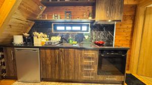 a kitchen with a sink and a stove at Konispol Mandarin Cabin in Mursi