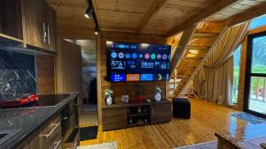 a kitchen with a large screen in a house at Konispol Mandarin Cabin in Mursi