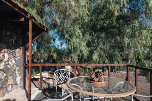 a glass table and chairs in front of a large tree at Finca Vilaflor in Vilaflor