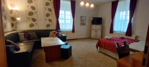 a living room with a couch and a table at Große Wohnung in dritter Etage mit Terrasse im Altstadtzentrum - Ferienwohnung Chiplakoff in Blankenburg
