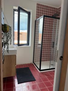 a bathroom with a shower with a red tile floor at Casa Albertina in Mogofores