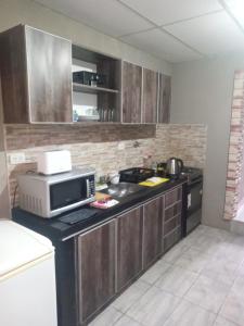 a kitchen with a microwave and a counter top at Apart Trelew 1 in Trelew