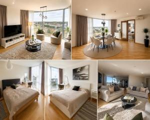 a collage of four pictures of a living room at ToVa Apartamentai in Šventoji